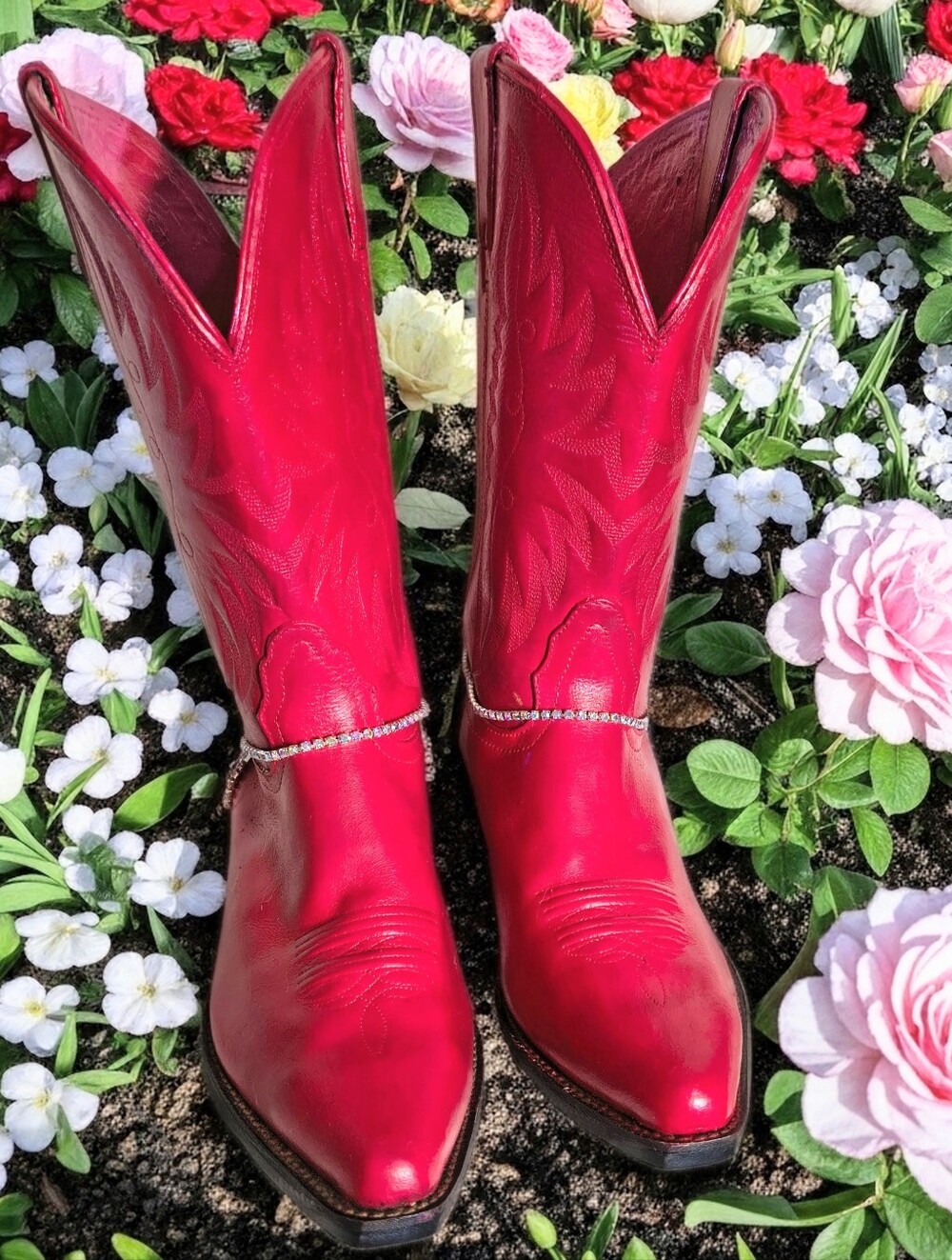 Nocona Custom Vibrant Red Western Cowboy Boots with Rhinestone Chain 10B